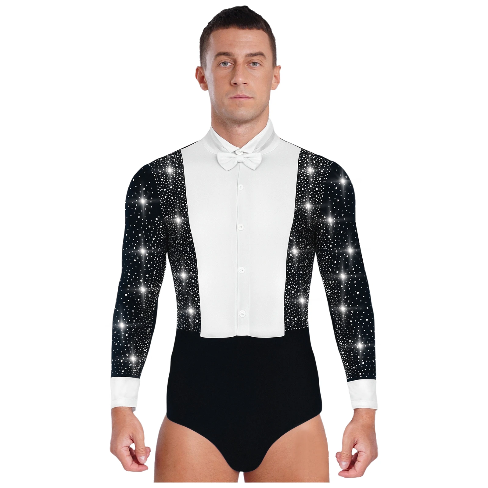 Uomo Camicie da ballo latino Body maniche lunghe Tango Rumba Costume da ballo Strass lucidi Gentleman Top Bowtie Smoking Body