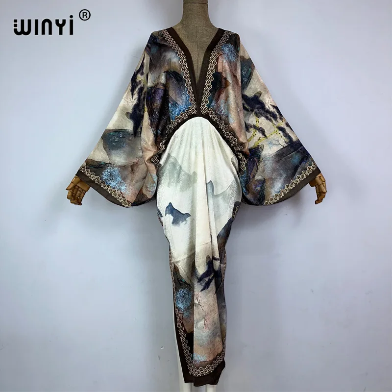 WINYI Bohemian Summer Beach Dress High Quality Double Sided Boho Printing Elegant silk maxi dress Women Evening party kaftan