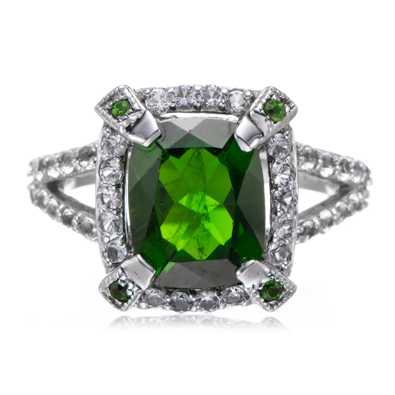 

8x10mm Chrome diopside and White Topaz Rhodium Over Sterling Silver Ring