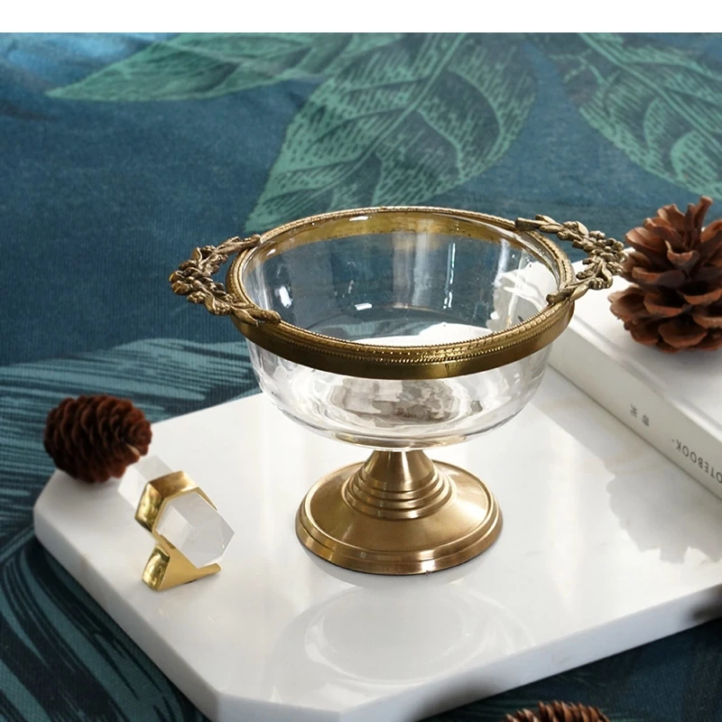 

Brass Glass Fruit Plate European Retro High Foot Ice Cream Dessert Jewelry Home Kitchen Decoration Tableware