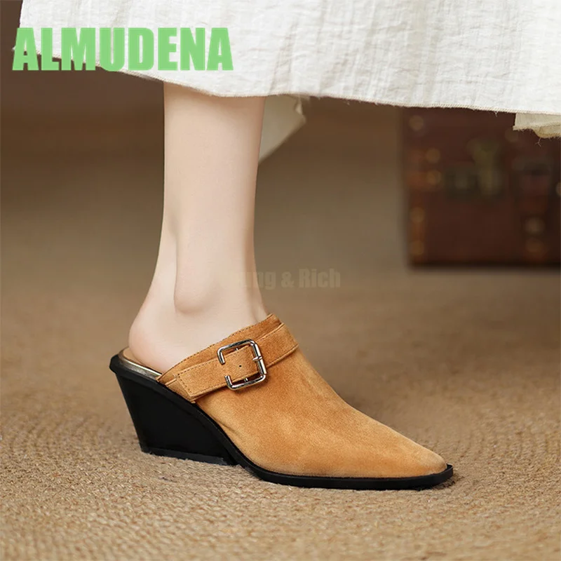 

Slope Heel Slippers with Fashionable Sheep Reverse Leather Pointed Back Hollow Belt Buckle Design Baotou Women's Slippers