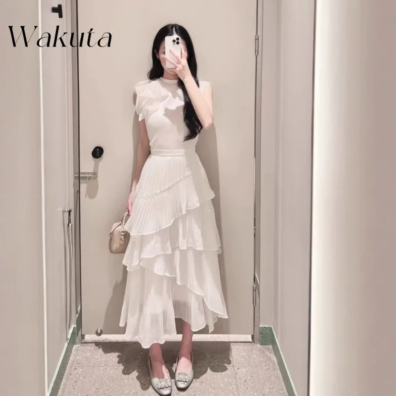 

WAKUTA Japanese Fashion Simple Pleated Skirt Sweet Solid Color Temperament Cake Skirt Summer Dopamine Vacation Dresses Y2k Skirt