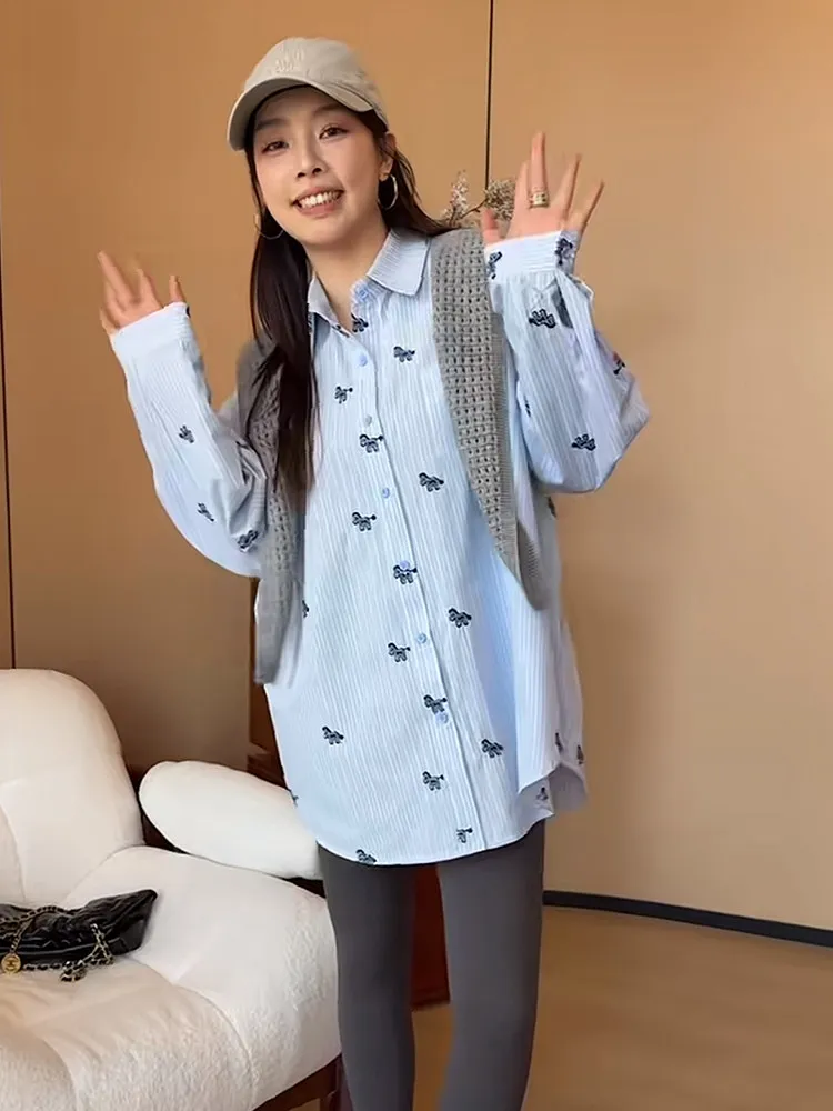 

Korean Style Long Sleeve Embroidered Shawl Collar Women's Shirt Spring 2026 Slimming Versatile Fashionable Casual Button up