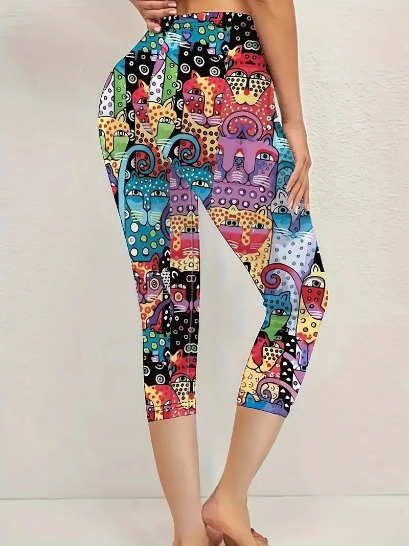 Cute kitten  print stretch slim elastic waist tight casual leggings capri pants for women