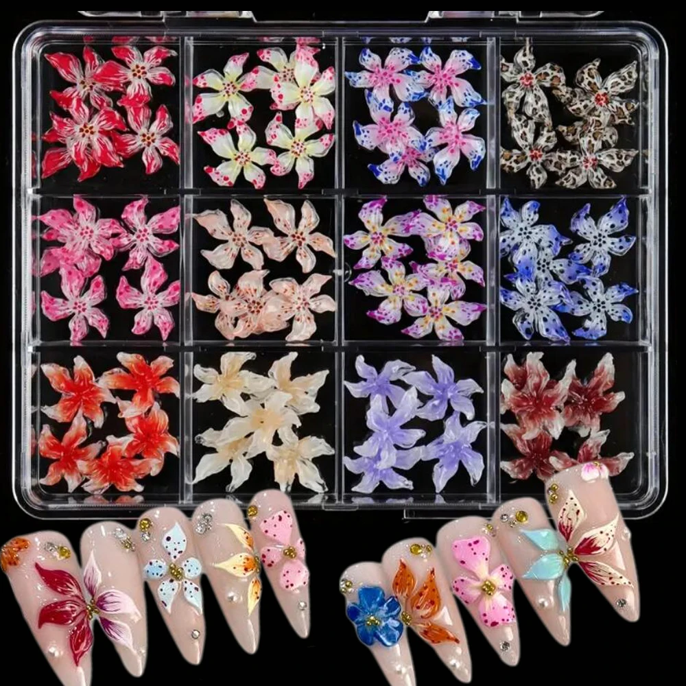 

12Grids 3D Colorful Crystal Flower Nail Art Charms Hawaii Hibiscus Spotted Floral Sakura Nail Rhinestone Flower Nail Decor Gems