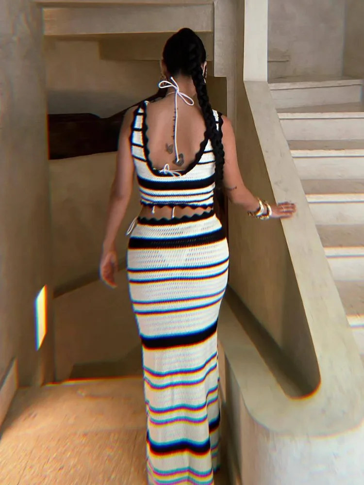 Elegant Bohemian Skirts Sets Women Striped Knitted Beach Two Piece Sets Summer Sexy Hollow Out Holidays Outfits 2024 Beachwear