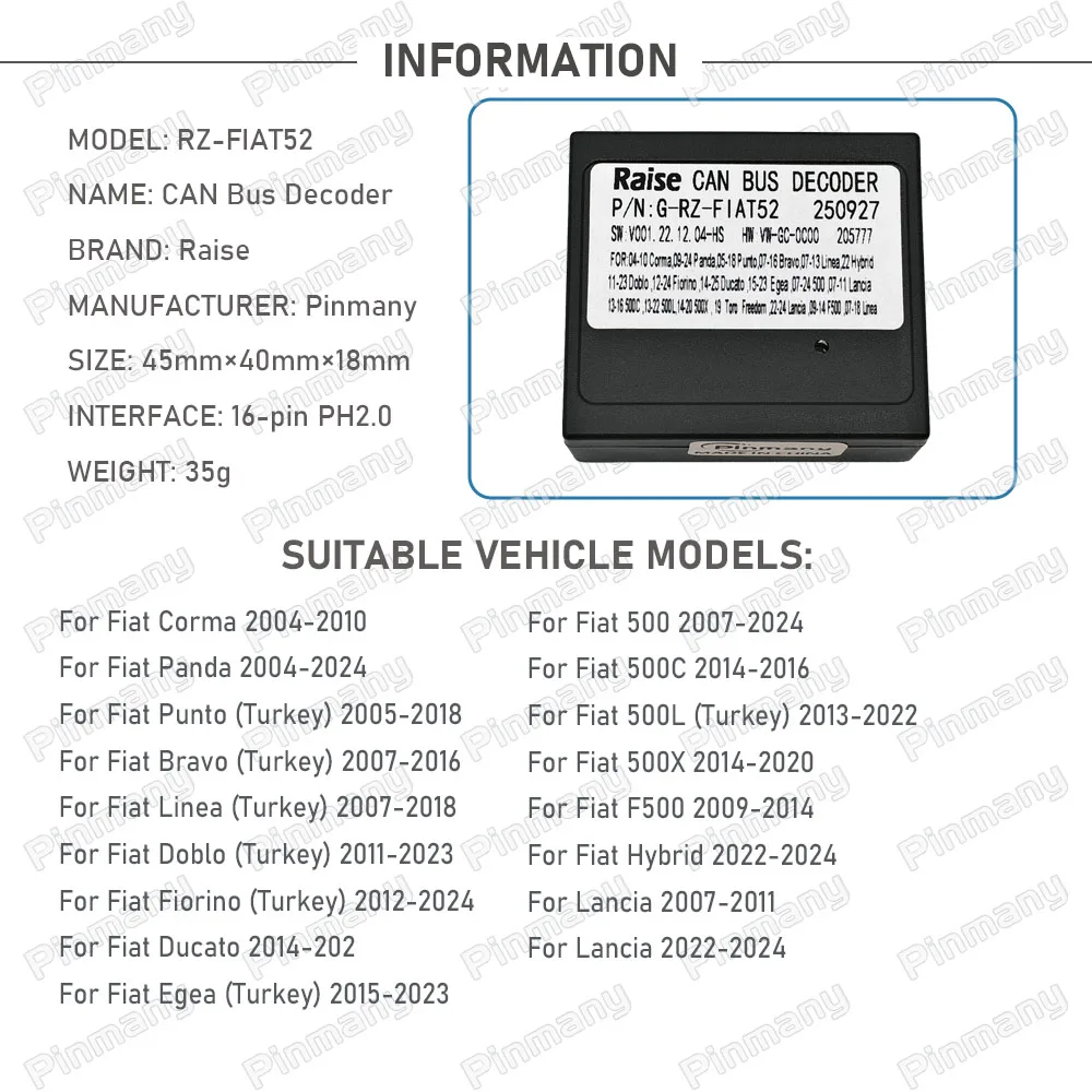 Car CAN Bus Decoder RAISE RZ-FIAT52 for Fiat Corma Panda Punto Bravo Linea Doblo Fiorino Ducato Egea 500 500X F500 Hybrid Lancia