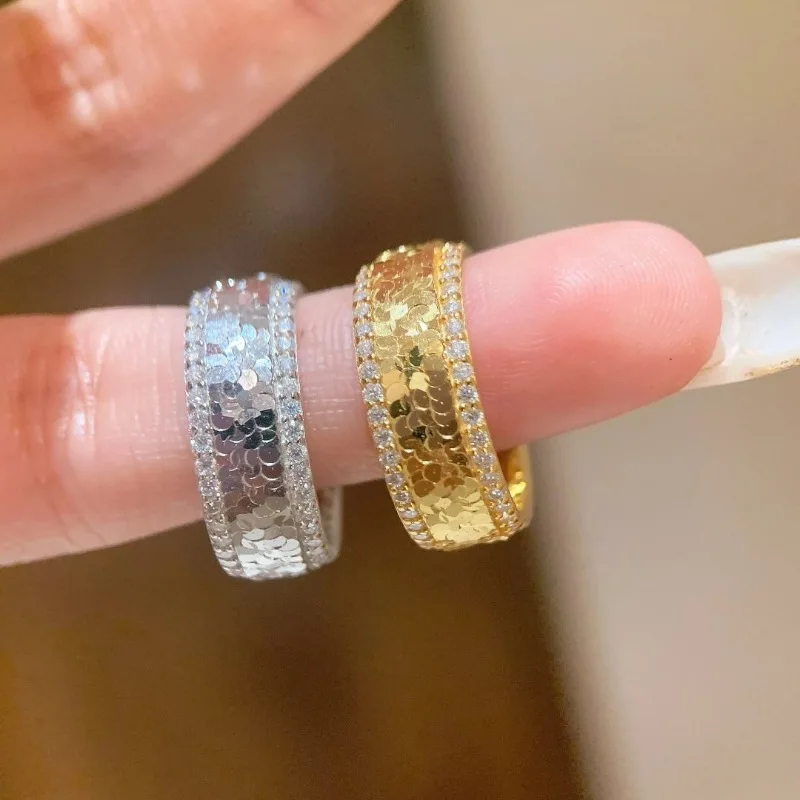 Vintage diamond studded sequin crushed ice ring silver 925 diamond two-color simple and high-end couple's rings jewelry gift