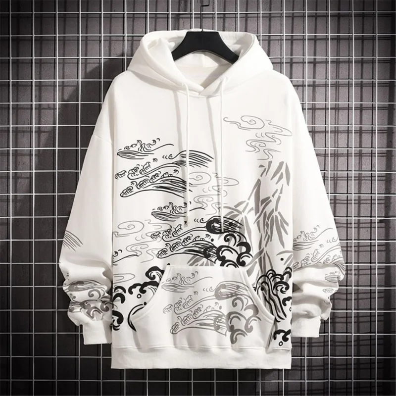 

Spring and Autumn High Street Japan Hoodie Men TopsHarajuku Carp Print Hoodie Casual Cartoon Sweatshirt Streetwear Men Clothing