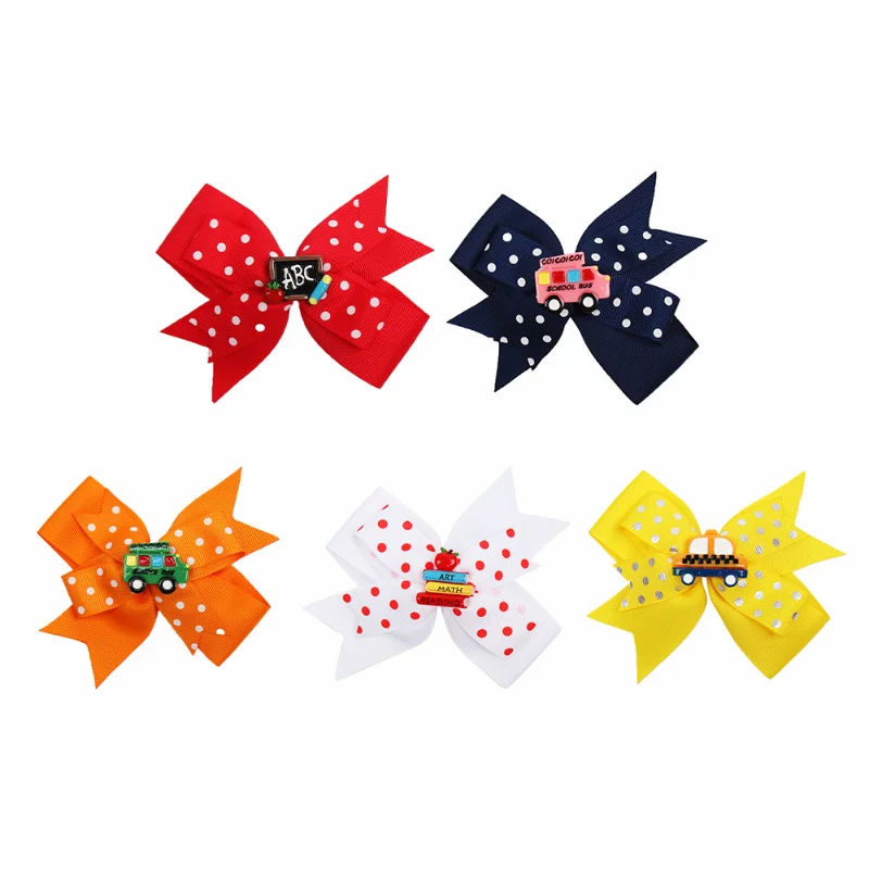 5\'\' Stacked School Girls Hair Bow With Hair Clip Patches Hairpins Boutique Polka Dot Layered Ribbon Hairbow Hair Accessories