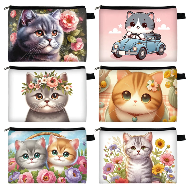 Cartoon Flowers Cat Coin Purse British Shorthair Cat Coin Money Bag Floral Kitten Wallet Phone Holder Boys Girls Storage Bags