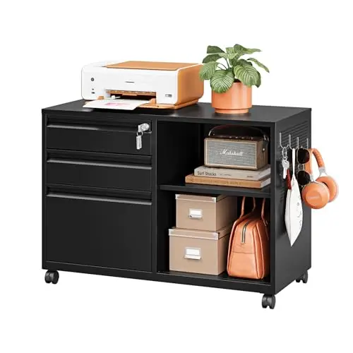 3 Drawer File Cabinet with Lock,Mobile Lateral Filing Cabinet with Side Hook for Letters/Legal/A4, Metal Printer Stand