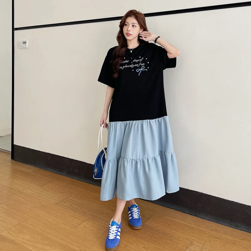Zomer T-shirtjurk Korea-stijl dames losse grote maten onregelmatige patchwork korte mouw lange jurk gewaad elbise kleding