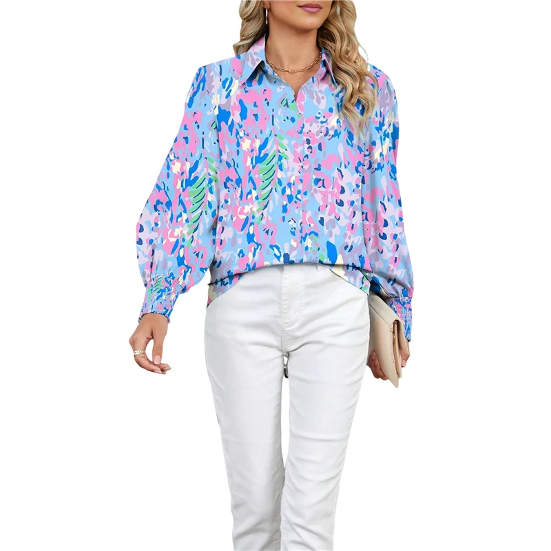 

Женские свободные рубашки с v-образным вырезом 2025, блузка с рукавами-фонариками и принтом, топы в стиле бохо-A55G