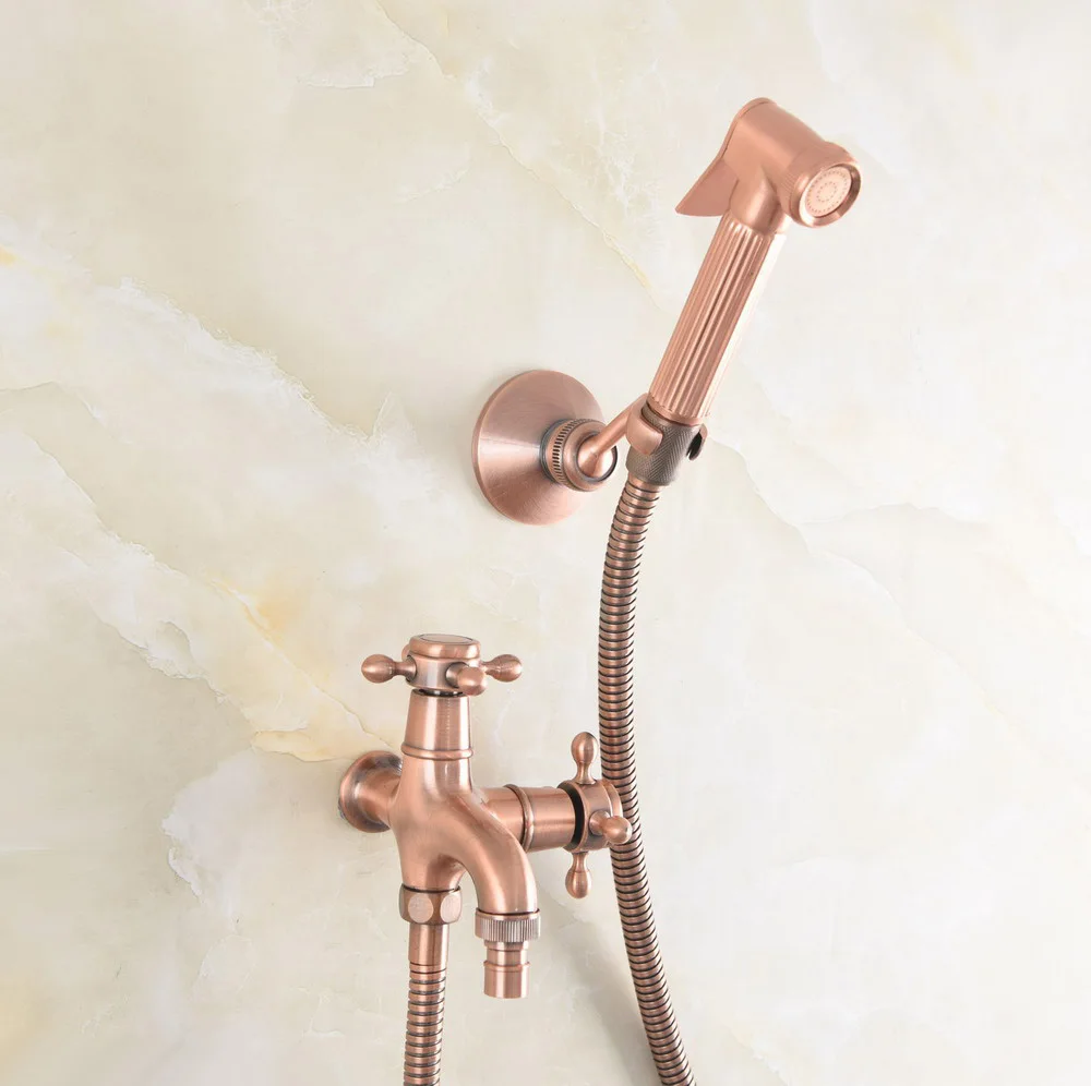 

Red Copper Double Spouts Laundry Bathroom Bidet Sprayer Wall Mount Washing Machine Faucet Single Cold Tap with Hand Shower