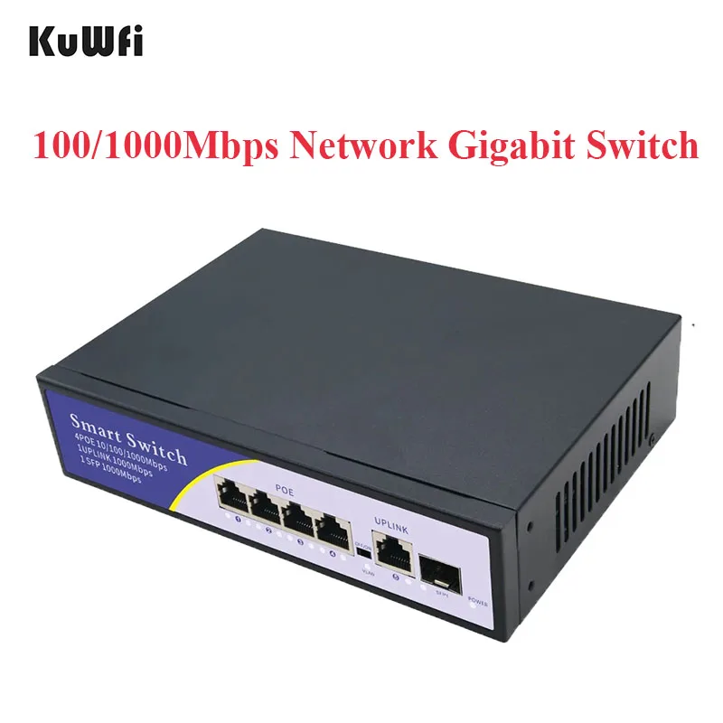 KuWfi 6 Port Gigabit Network Switch 10/100/1000Mbps POE Switch with SFP Ethernet Switch High Performance RJ45 Hub for TV Camera