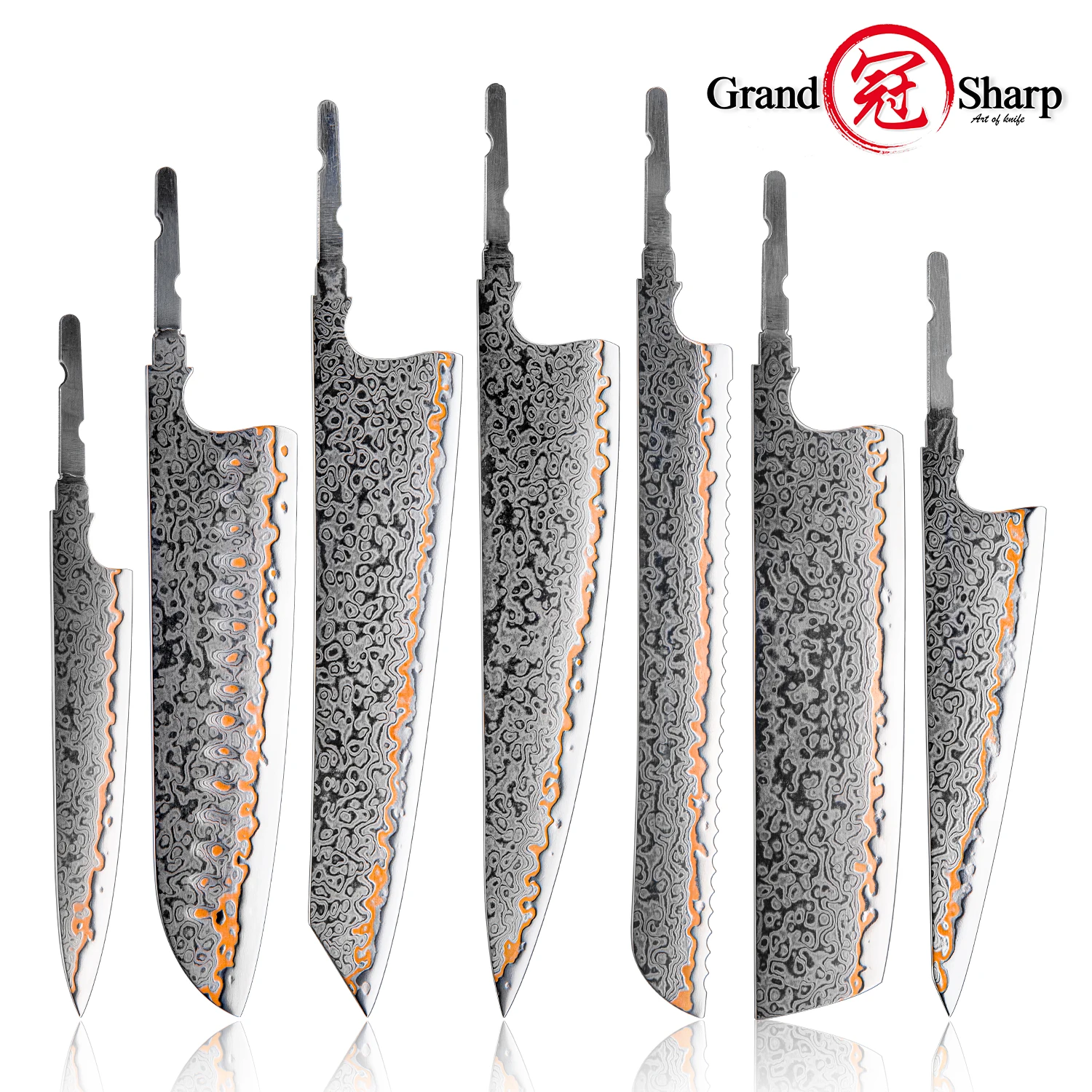 Grandsharp Damaststahl 1–7 Stück Klingen 55 Schichten Kupfer Damaskus ohne Griff DIY Messer Schmiedeklingen Kundenspezifisches Messerherstellungswerkzeug