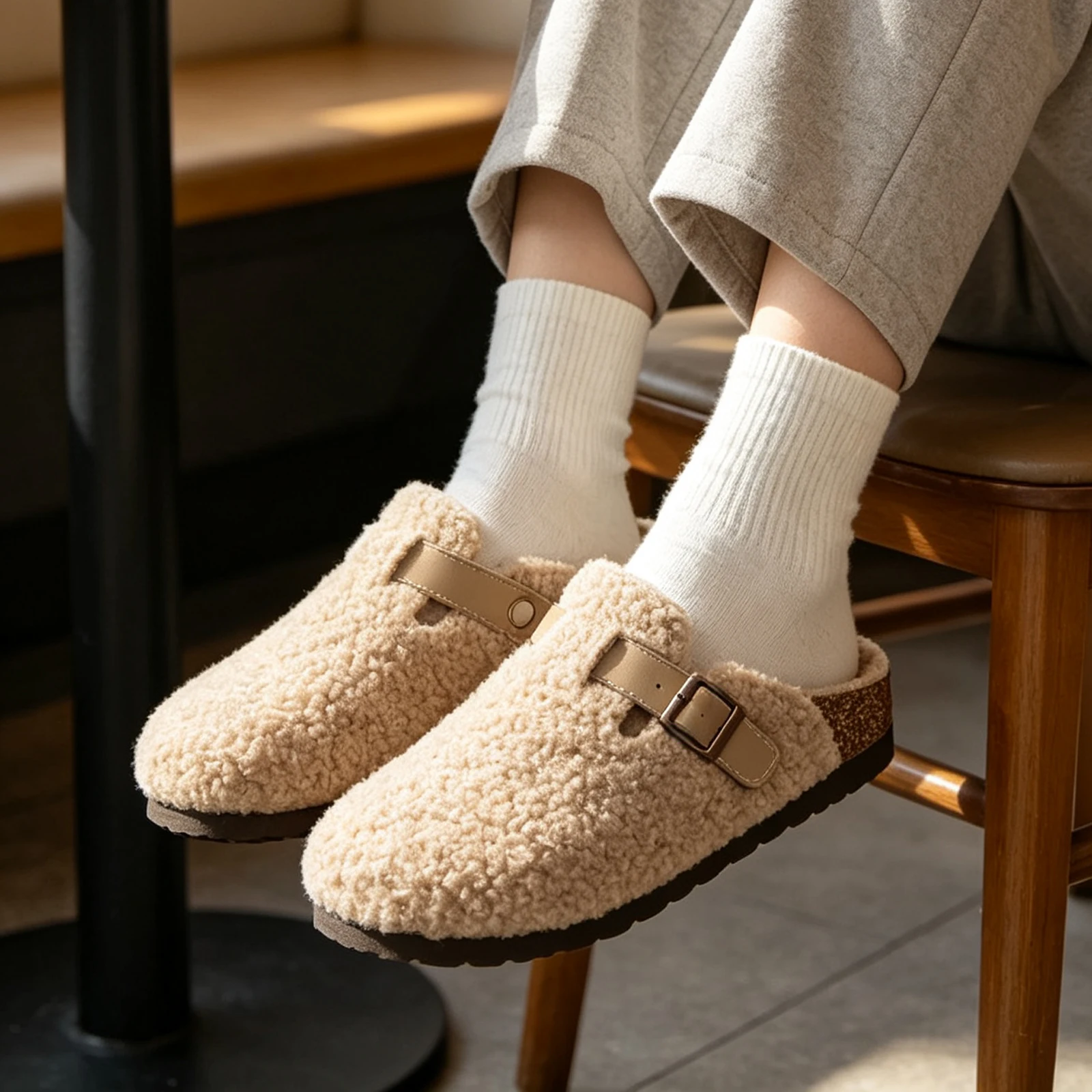 Shevalues Fuzzy Lined Clogs Damen-Slipper mit Korkfußbett, warme, flauschige Hausschuhe, rutschfeste, gemütliche Outdoor-Slides für Damen – Detail 7