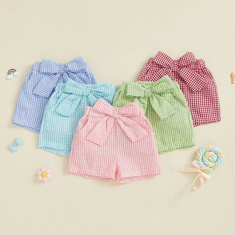 Toddler Girl Plaid Print Shorts Casual Fashion Bow Elastic Waist Short Pants for Summer Beach