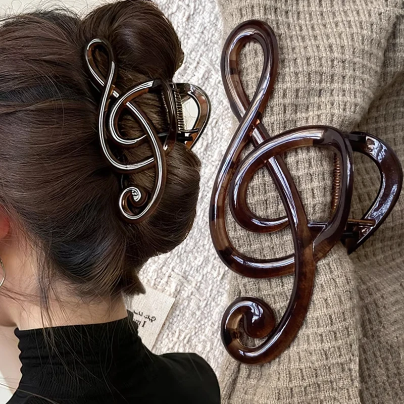 Pinza de Pelo con Nota Musical para Mujer, Sensación de Lujo, Novedad 2026, Pinza Grande Retro de Resina, Sencilla y a la Moda, Color Té