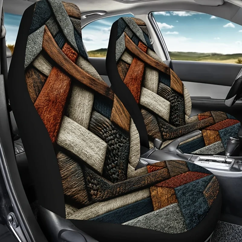 2pcs Bohemian Style Geometric Woven Print Car Seat Covers, Easy-Clean Unisex Front Seat Protectors, Fashionable Car Accessories,