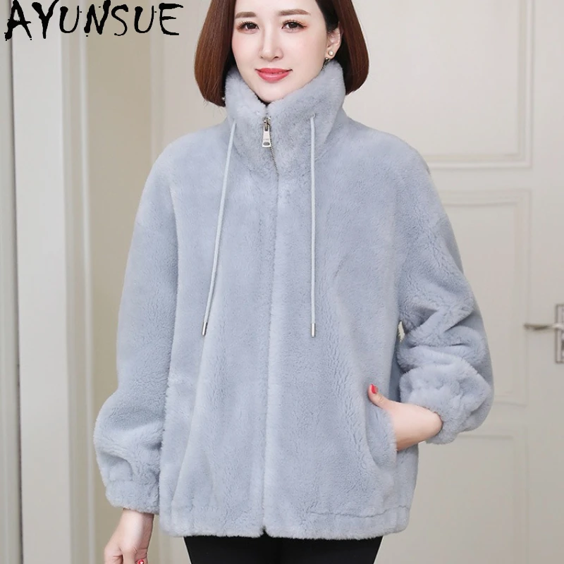 AYUNSUE 100% laine manteau de fourrure femmes mode mouton peau de mouton veste automne hiver vêtements col montant fourrure Composite П199ьто Ж брае