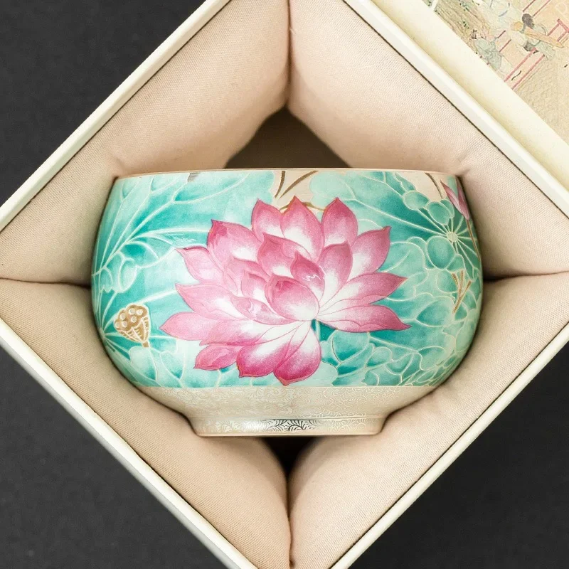 135ML Lotus Pond Moonlight Ceramic Teacup Hand-painted 999 Silver TeaCup Chinese Retro Master Cup High-end Personal TeaCup Gifts