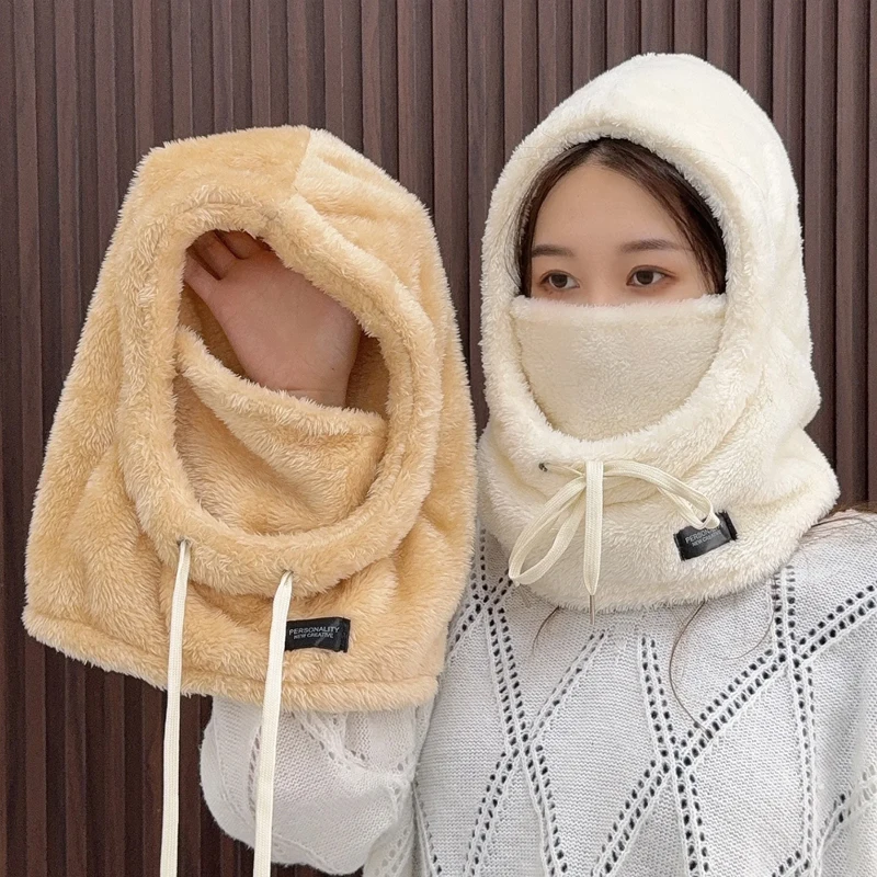 

Зимняя мягкая плюшевая ветрозащитная шапка-балаклава унисекс с утяжкой, теплая маска для катания на лыжах, шапка-шарф для женщин