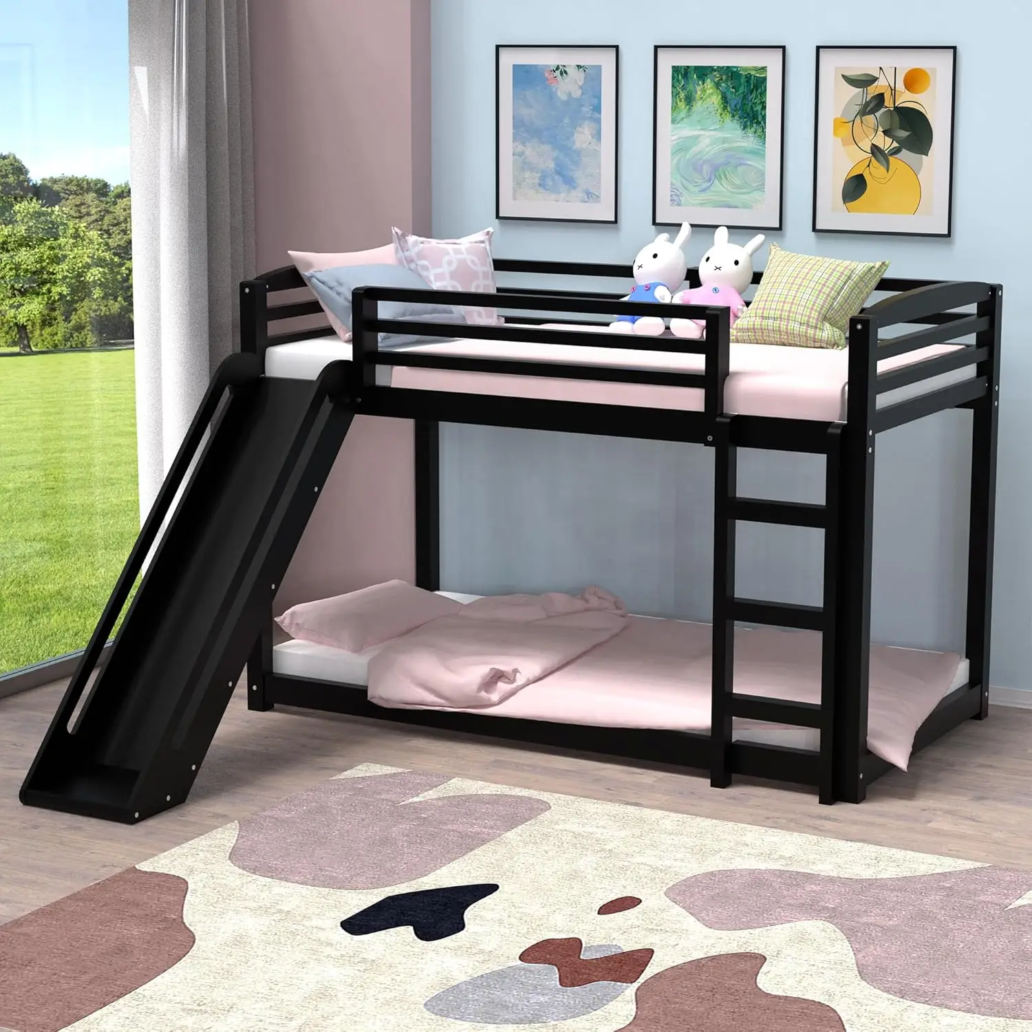 

Bunk Bed With Slide, Solid Wood Twin Over Twin Bunk Bed With Ladder And Safety Guardrails, Floor Bunk Bed For Kids Boys Girls,