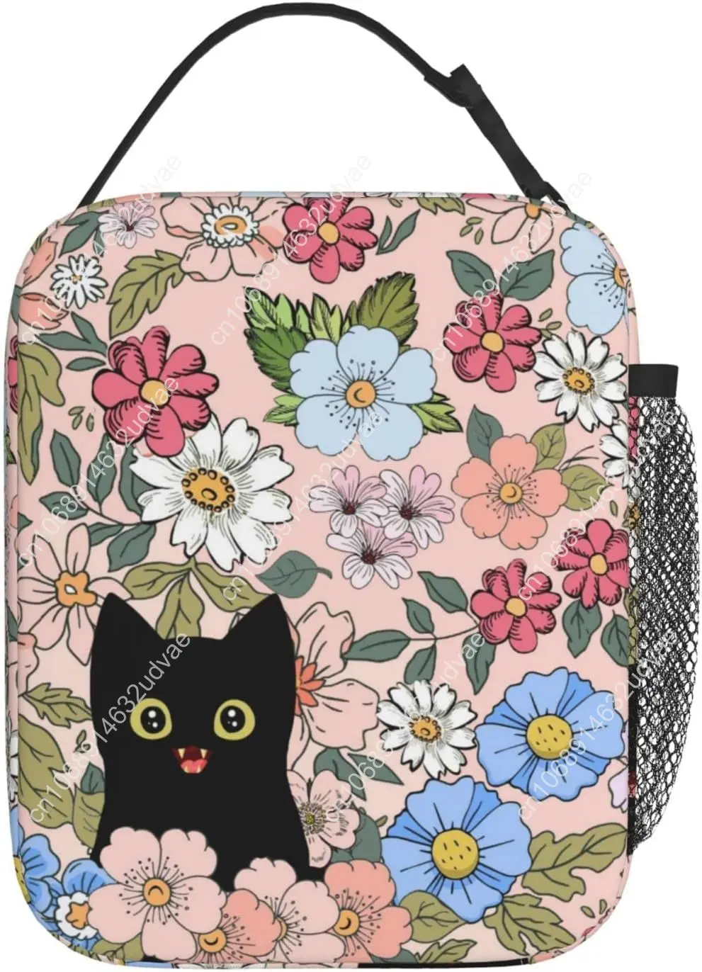 Black Cat Lunch Box Funny Cat Lunch Bag Kids Teen Girls Women Adult Cooler Insulated Floral Lunch Bag for School Work Travel