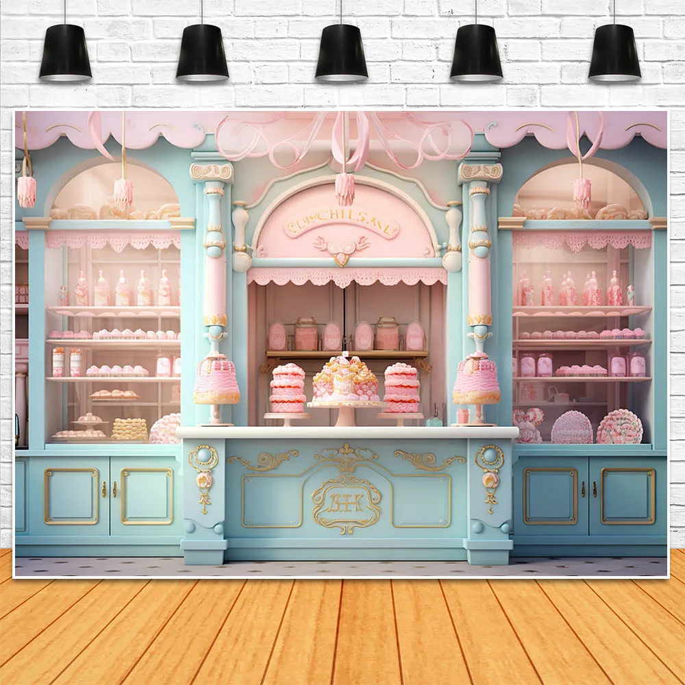 Mocsicka Photography Background Pink and Blue Dessert Shop Bakery Window Girl Princess Portrait Photo Backdrop Photo Shoot Props