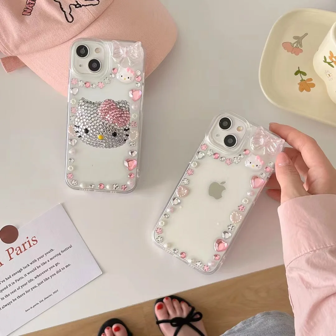 Luxury Cute Hello Kitty Cat Bow Kitty Bling Glitter Holder Phone Case For iPhone 16 Pro 15 14 13 12 Pro Max Cartoon Clear Cases