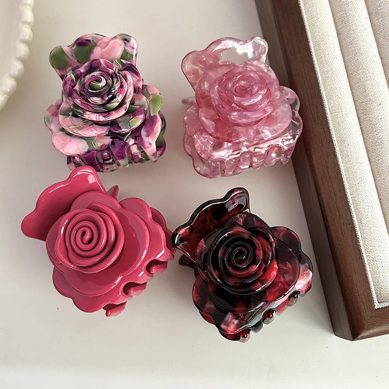 YHJ French Vintage Rose Hair Claw Acetate Claw Clip Small Stereoscopic Flower Crab Hair Clip for Girl Hair Accessories for Women