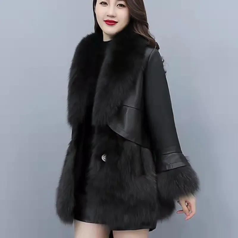 2024 Fashion Faux Sheepskin Fur Patchwork Coat Women Autumn Winter Fox Fur Short Jacket Streetwear Female Thicken Warm Overcoat