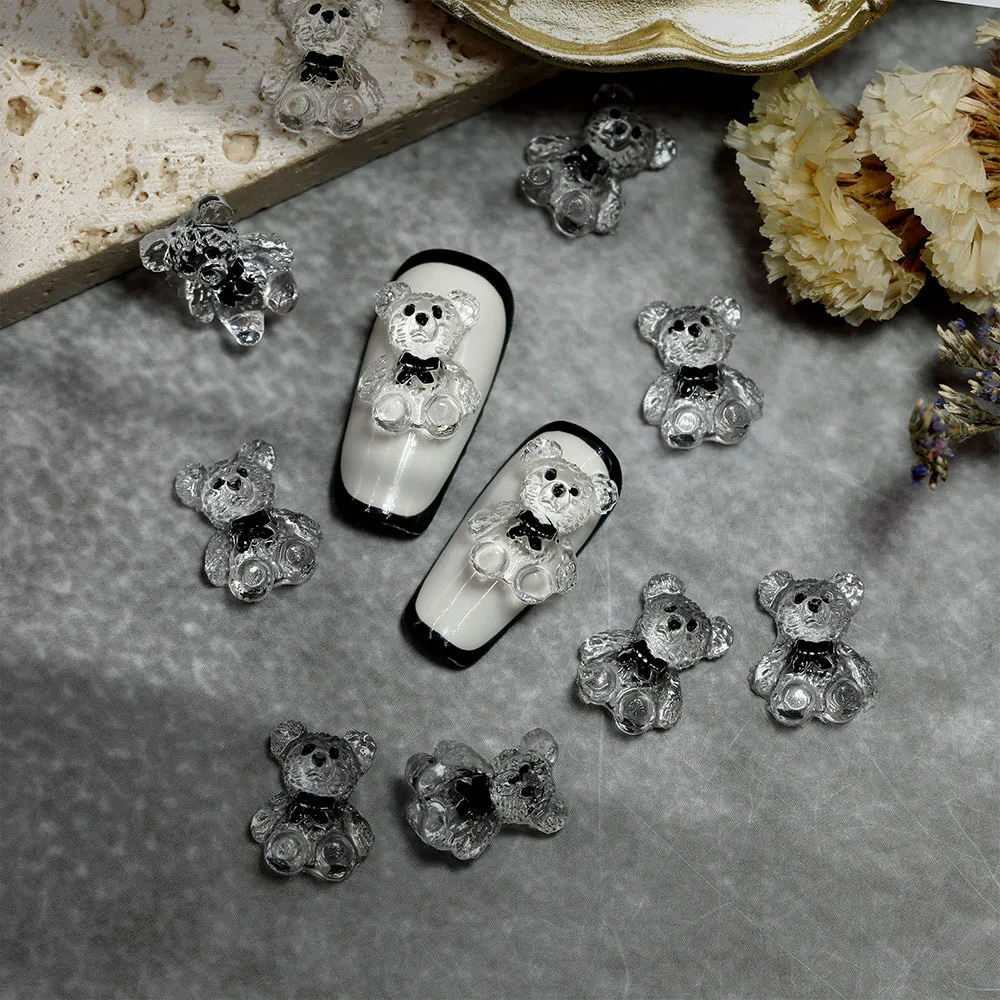 3Dゼリークマのネイルチャーム,20個ピース/ロットバッチ,かわいい塗装,透明なネイルアートアクセサリー,蝶ネクタイ,カワイイデコレーション