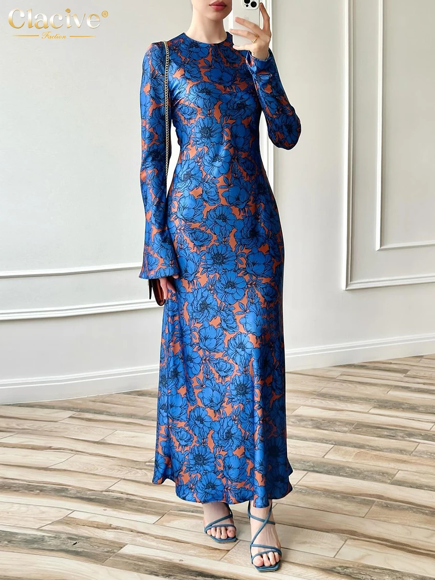 

Clacive Fashion Loose Print Women's Dress 2026 Spring O-Neck Long Sleeve Ankle Length Dresses Lady Elegant Classic Female Dress