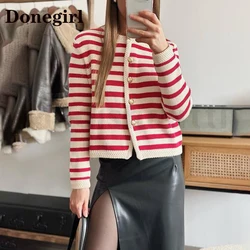 New 2023 High Quality Autumn Women Cardigan Fashion Red Striped Knitted Sweater Cardigans Female Casual Chic Button Tops Ladies