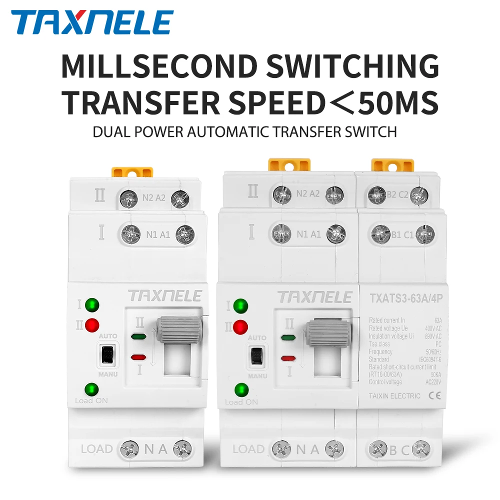 Taxnele Din Rail 2P 4P ATS interruptor de transferencia automática de doble potencia interruptores selectores eléctricos potencia ininterrumpida 63A