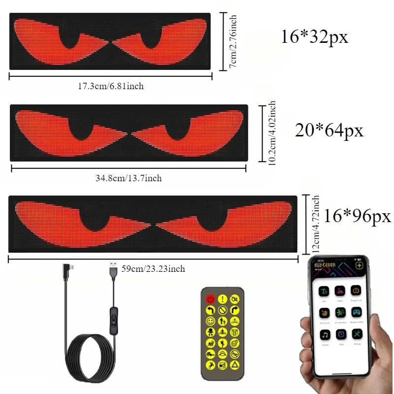 Tampilan Kaca Depan LED Fleksibel Mobil (1 Buah) - Mata Setan Berkedip Animasi, Dapat Diprogram Aplikasi