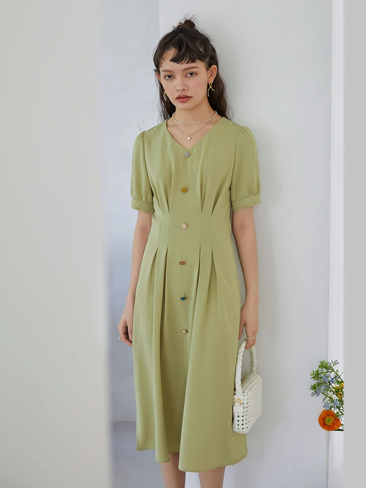 ZIQIAO Casual DressOffice Lady French Long Dress Women Summer Dress 2021 New Green V-neck Puff Sleeve High Waist Dress