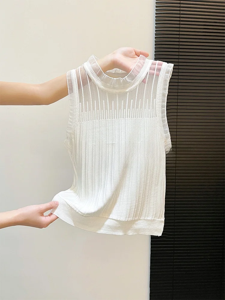 

Elegant Lace Trim Sleeveless Vest Women Early Spring Layering Base Shirt Suit Inner Wear Slim Fit Soft Knitted Casual Style