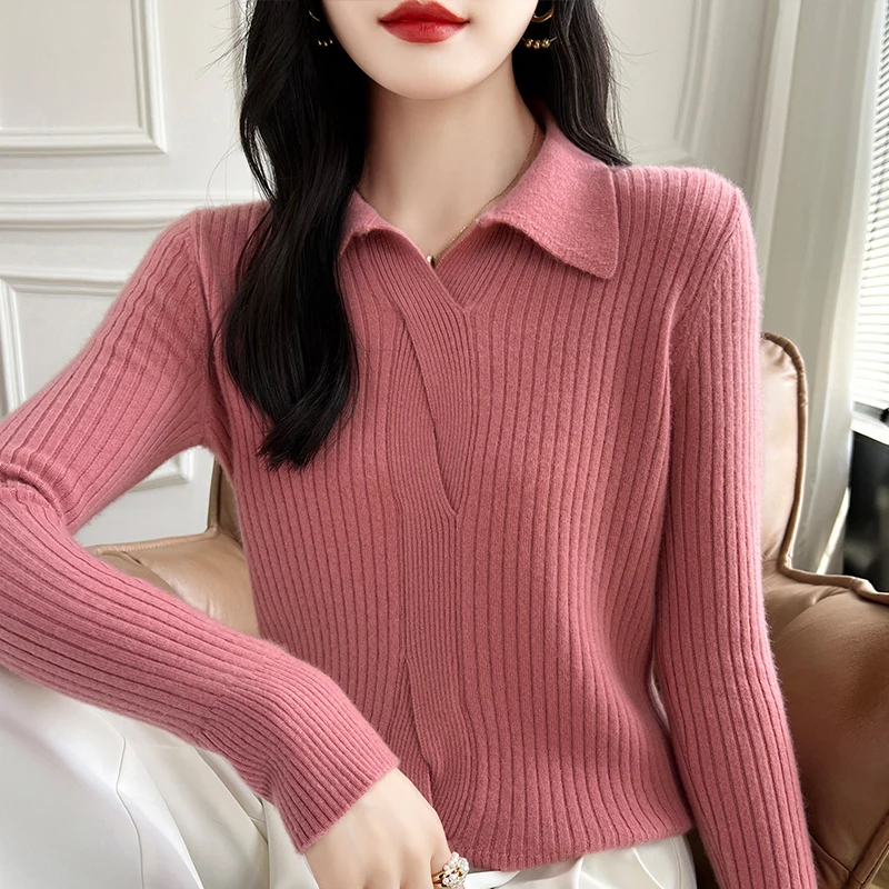 

Женский свитер из 100% чистой шерсти с лацканами, модные тонкие вязаные пуловеры с вырезом PoLo, полосатая однотонная базовая рубашка, осенняя теплая блузка