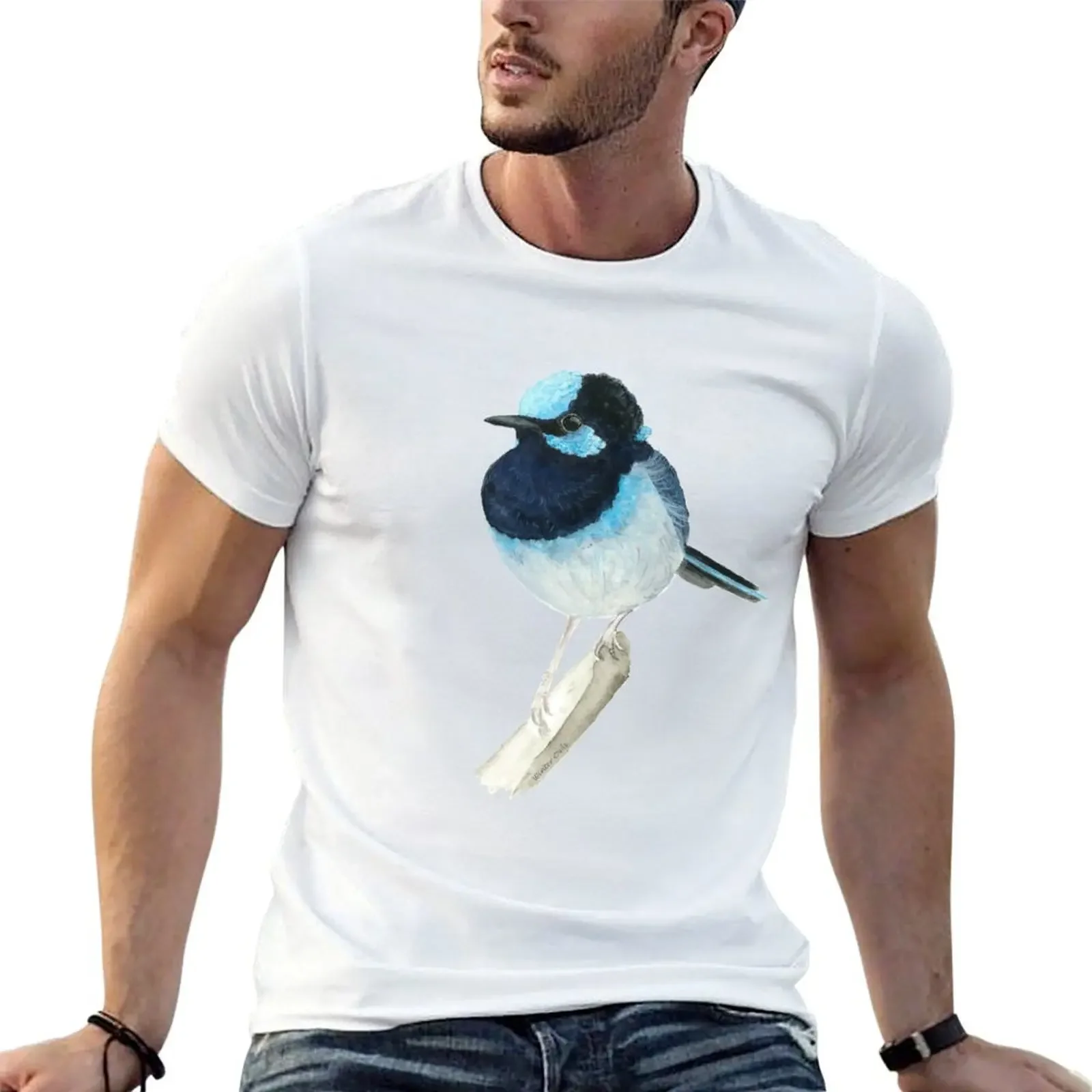 Superb Blue Fairy Wren, Australian Native Bird Watercolour T-Shirt shirts graphic tees boys whites heavy weight t shirts for men