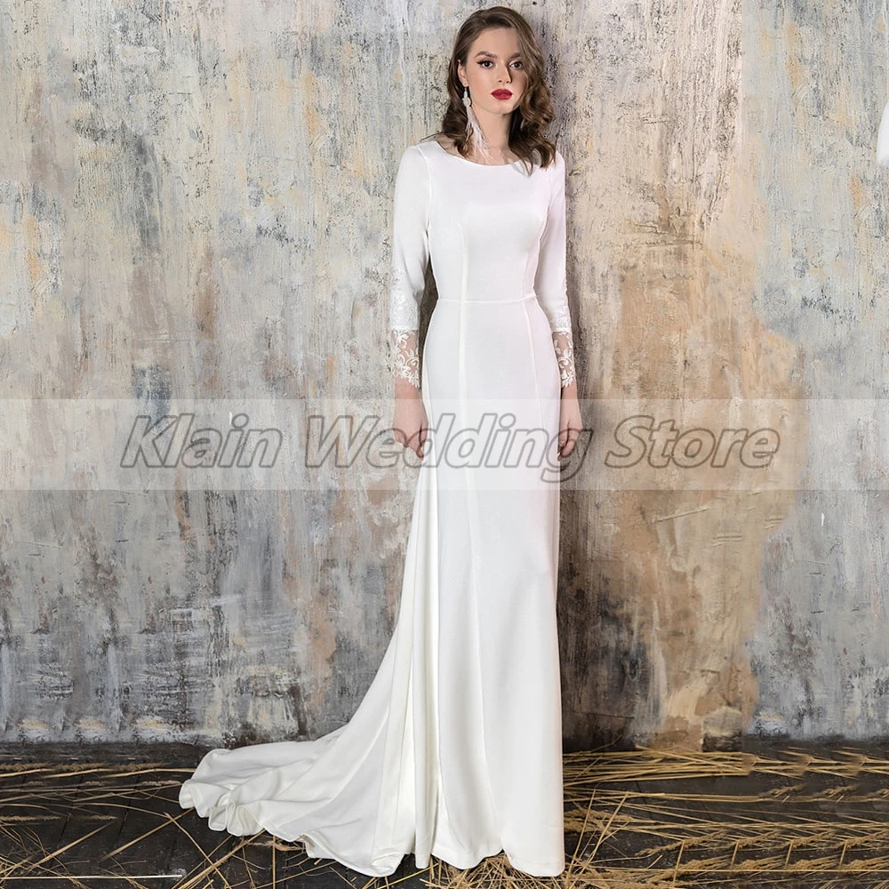 Customized Weilinsha Jersey Long Sheath Wedding Dresses Lace Sleeves Appliques Scoop Neckline Bridal Gowns Custom Made Robe De M