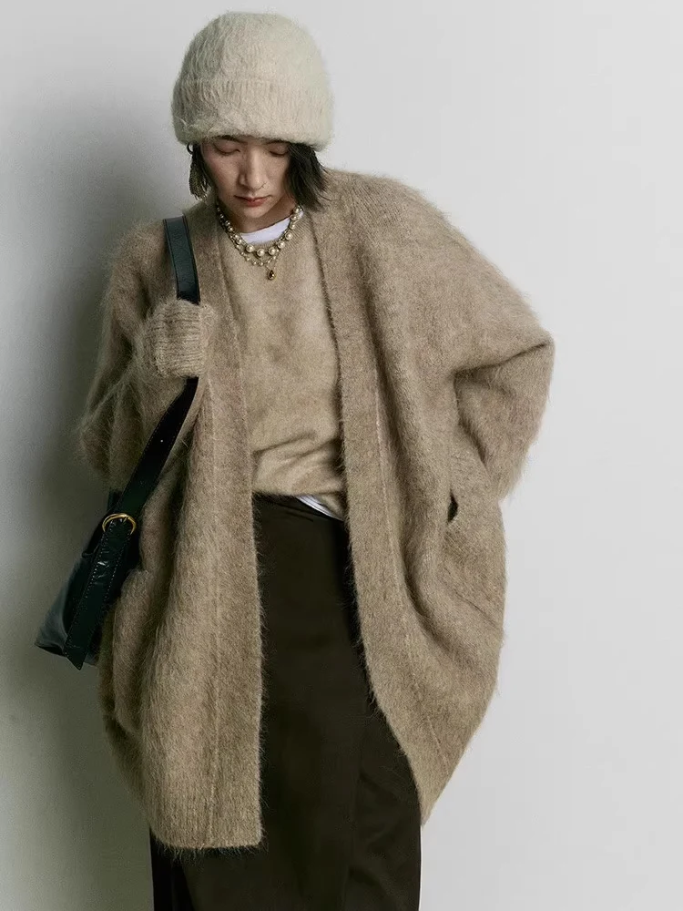 SuyaDream, Women Long Cardigans, 59%Alpaca,  Open Stitch Solid Hairy Sweaters, 2023 Fall Winter Warm Jackets, Caramel