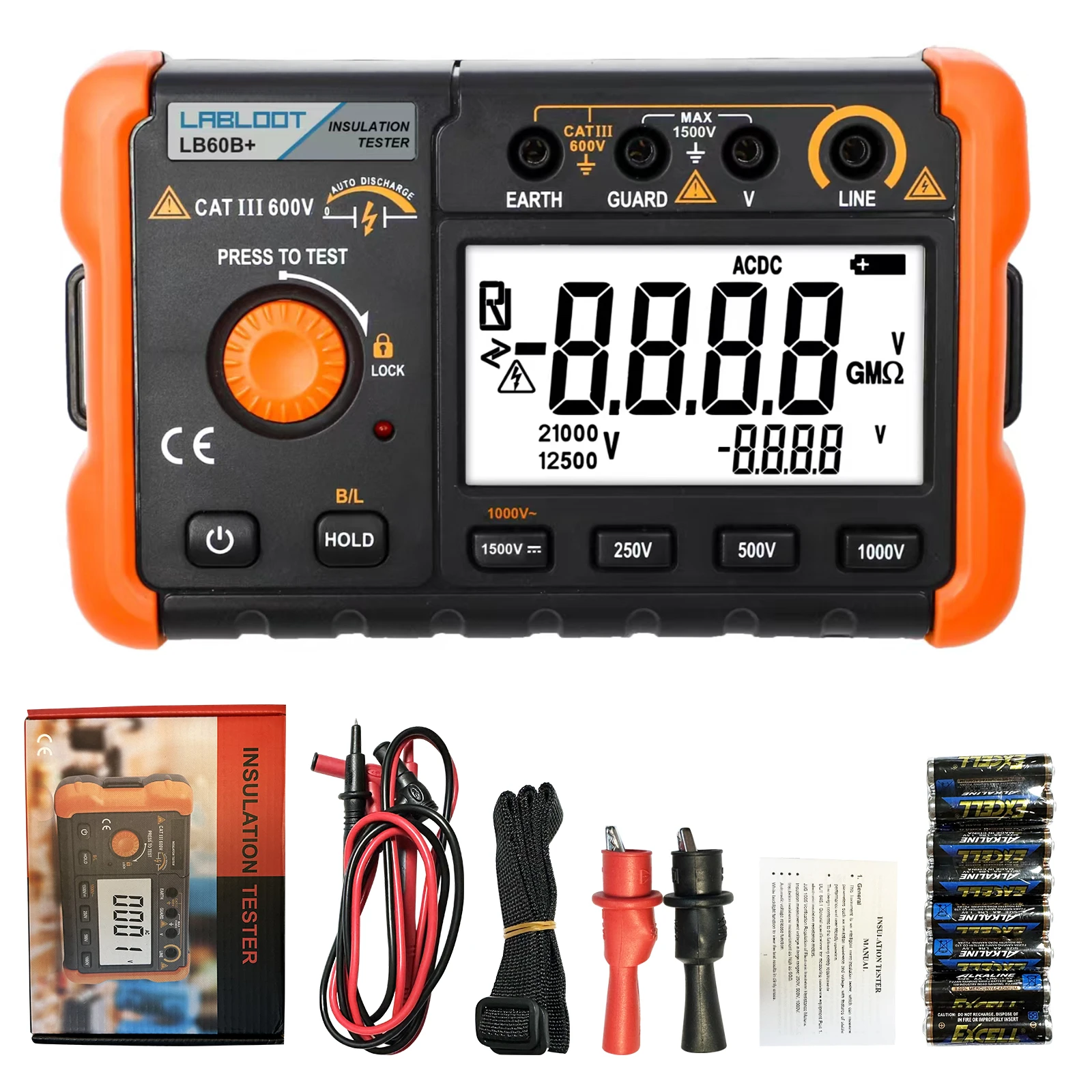 Labloot LB60B+ Digital Insulation Resistance Tester 1000V Test DC AC 2000m Ohm High Voltage Short Circuit Input Alarm