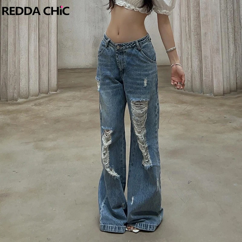 

ReddaChic, рваные мешковатые джинсы в уличном стиле, свободные усы, потертые повседневные брюки с низкой талией и широкими штанинами, хип-хоп, корейские женские брюки