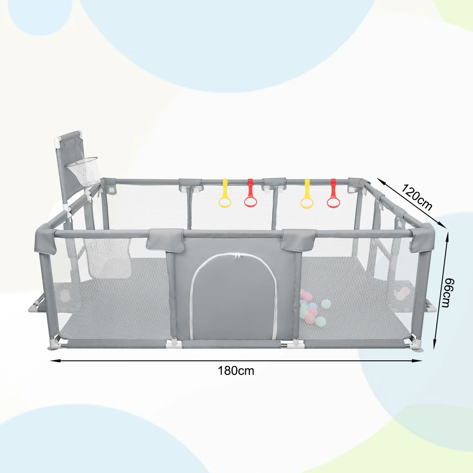 Grand parc de jeu pour bébé XL 180x120cm, parc de jeu pour enfants avec filet respirant, 50 balles de jeu et 4 anneaux de traction