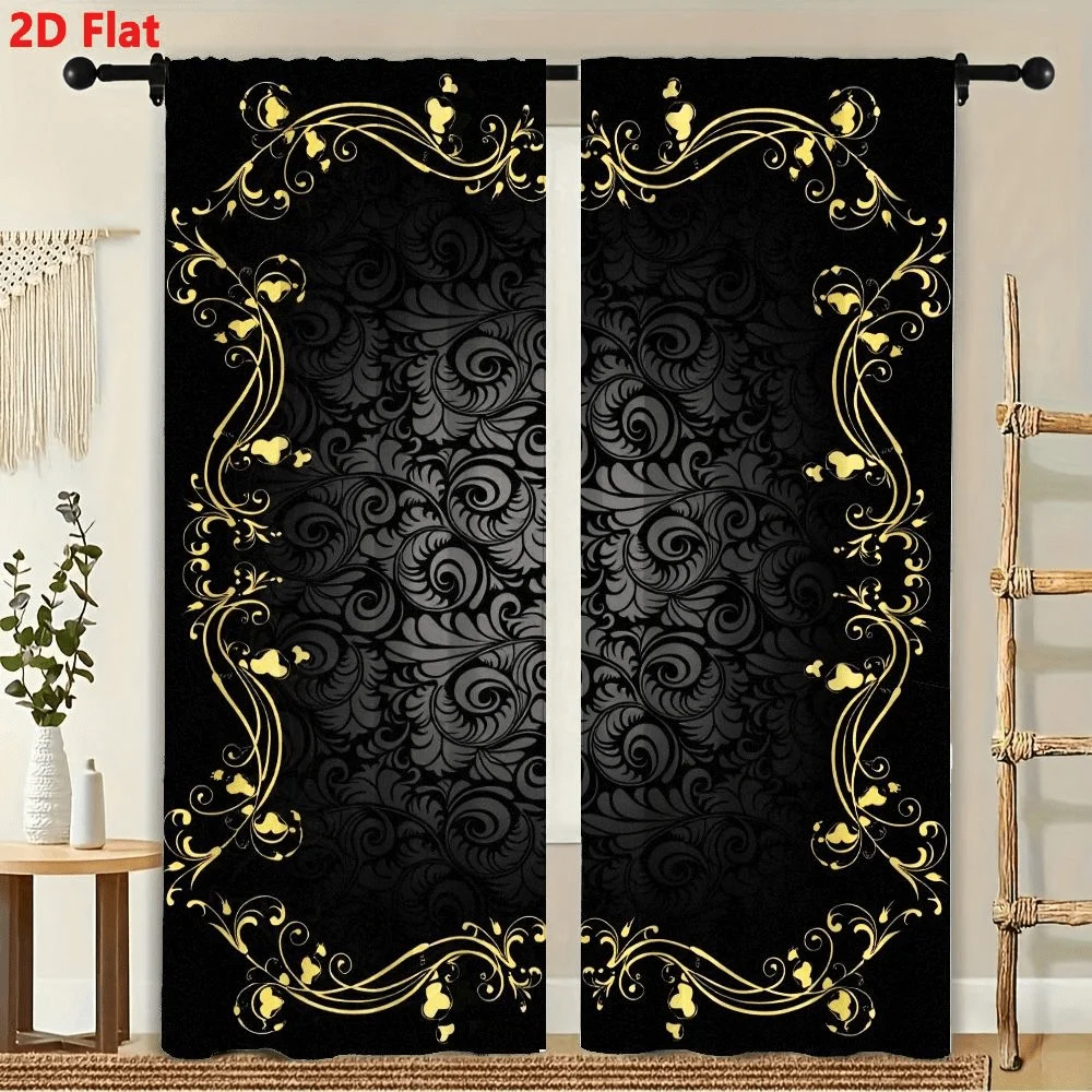 

2Pcs Curtain Black Background Ornate Golden Filigree Frame Window Drapes for Bedroom Living Room Decoration Window Treatment.