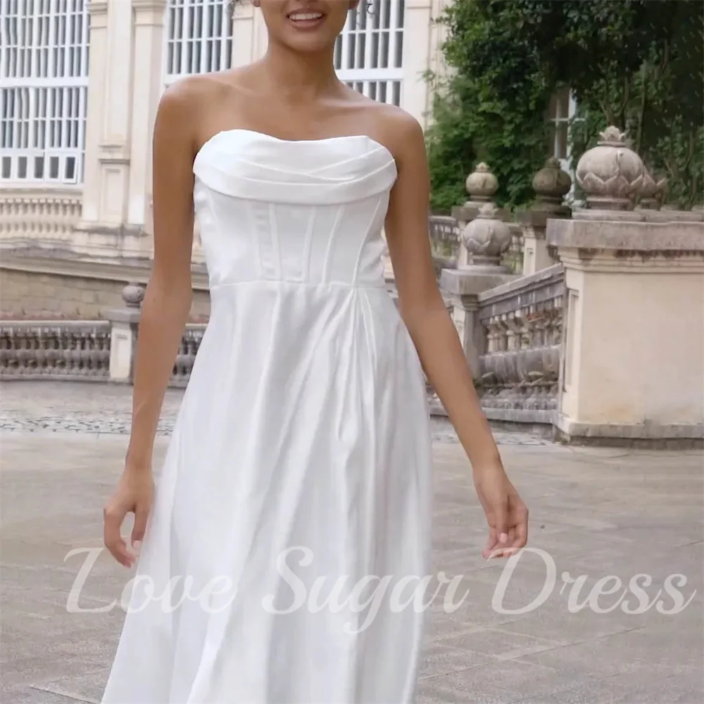 Simples uma linha vestidos de casamento cetim querida pescoço vestidos de noiva sexy fenda longo vestido de noiva personalizado para mujer